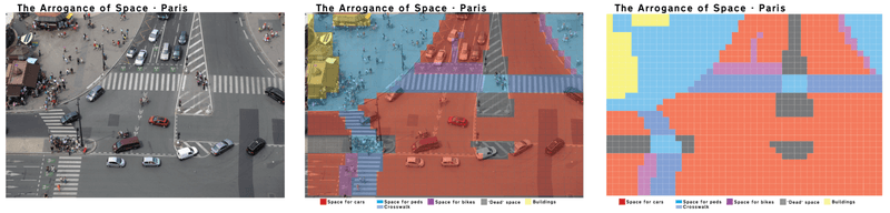 Space for pedestrians (blue) vs cars (red) in front of the Eiffel Tower