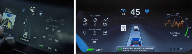 The cluster screen of the Li Xiang One (left) compared to the Tesla Model S (right)