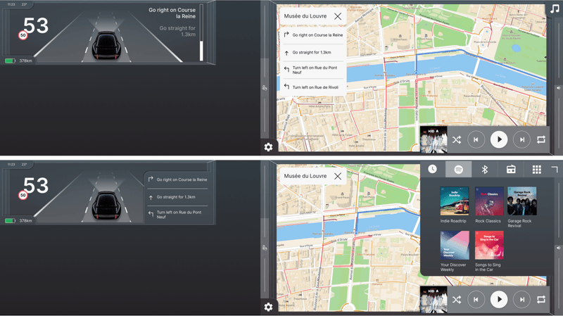 The driver can choose between a big map with calm cluster, or media controls with busy cluster