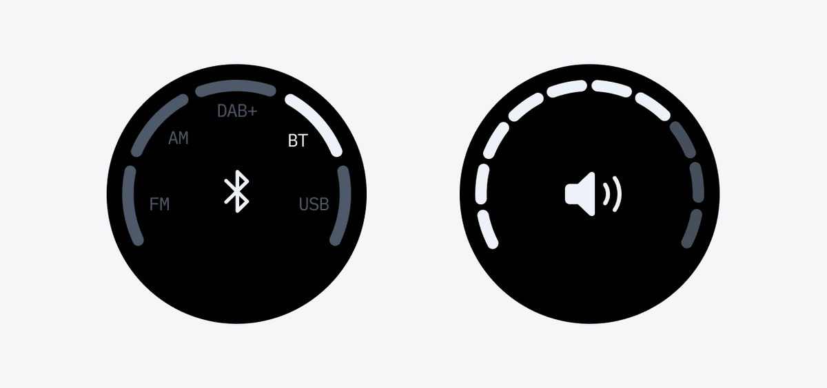 The left dial has stronger detents than the right dial