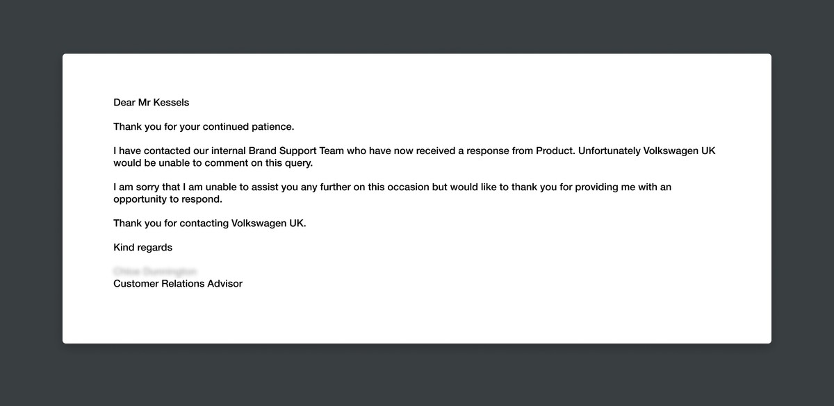 The reply from Volkswagen customer service
